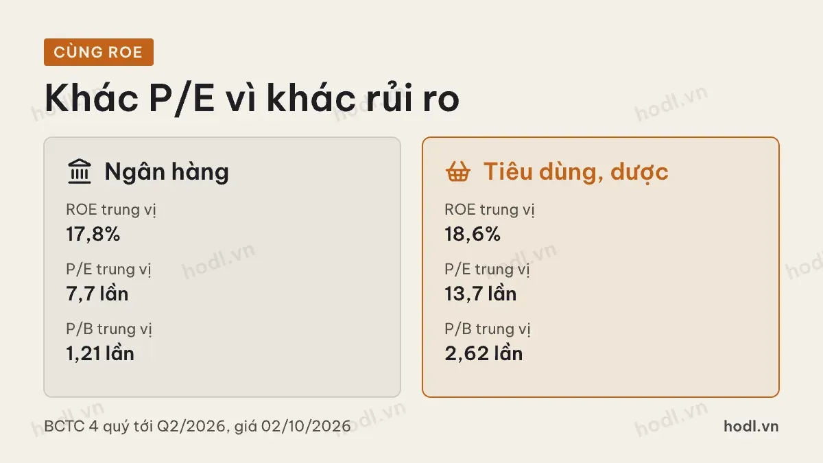 Ngân hàng và tiêu dùng có ROE gần nhau nhưng P/E theo ngành khác hẳn