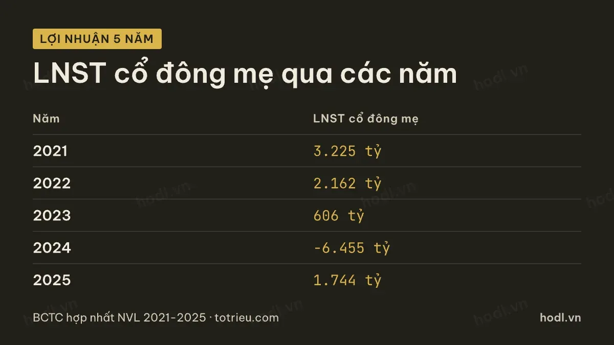 Lợi nhuận sau thuế cổ đông mẹ của cổ phiếu NVL qua năm