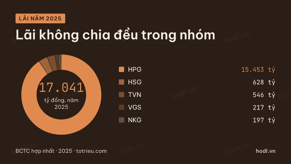Lợi nhuận cổ đông mẹ năm 2025 của các mã thép có lãi