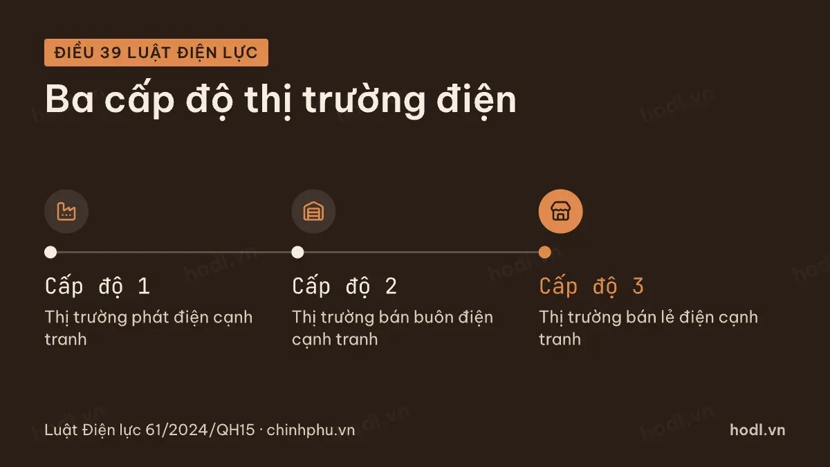 Ba cấp độ của thị trường điện cạnh tranh, trong đó thị trường phát điện cạnh tranh là cấp độ đầu