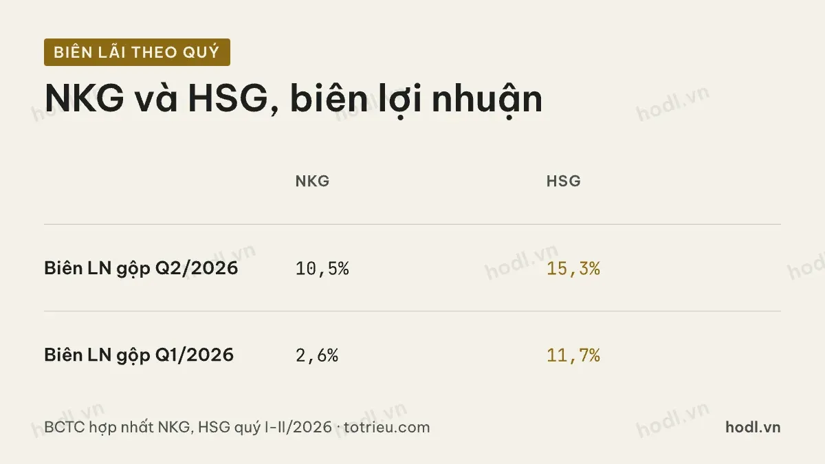 So sánh biên lợi nhuận gộp NKG và HSG theo quý