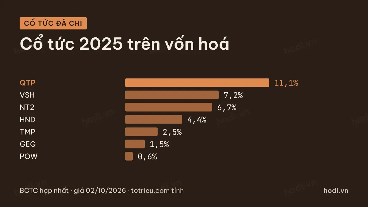 Cổ tức đã chi năm 2025 trên vốn hoá của các mã điện