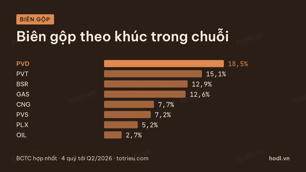 Biên lợi nhuận gộp của tám doanh nghiệp trong chuỗi giá trị dầu khí