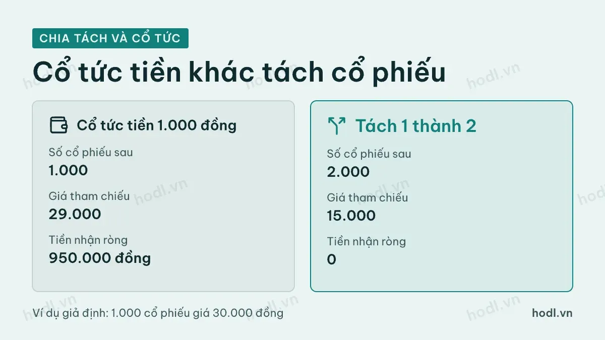 Chia tách cổ phiếu và chia cổ tức: so sánh cổ tức tiền với tách cổ phiếu