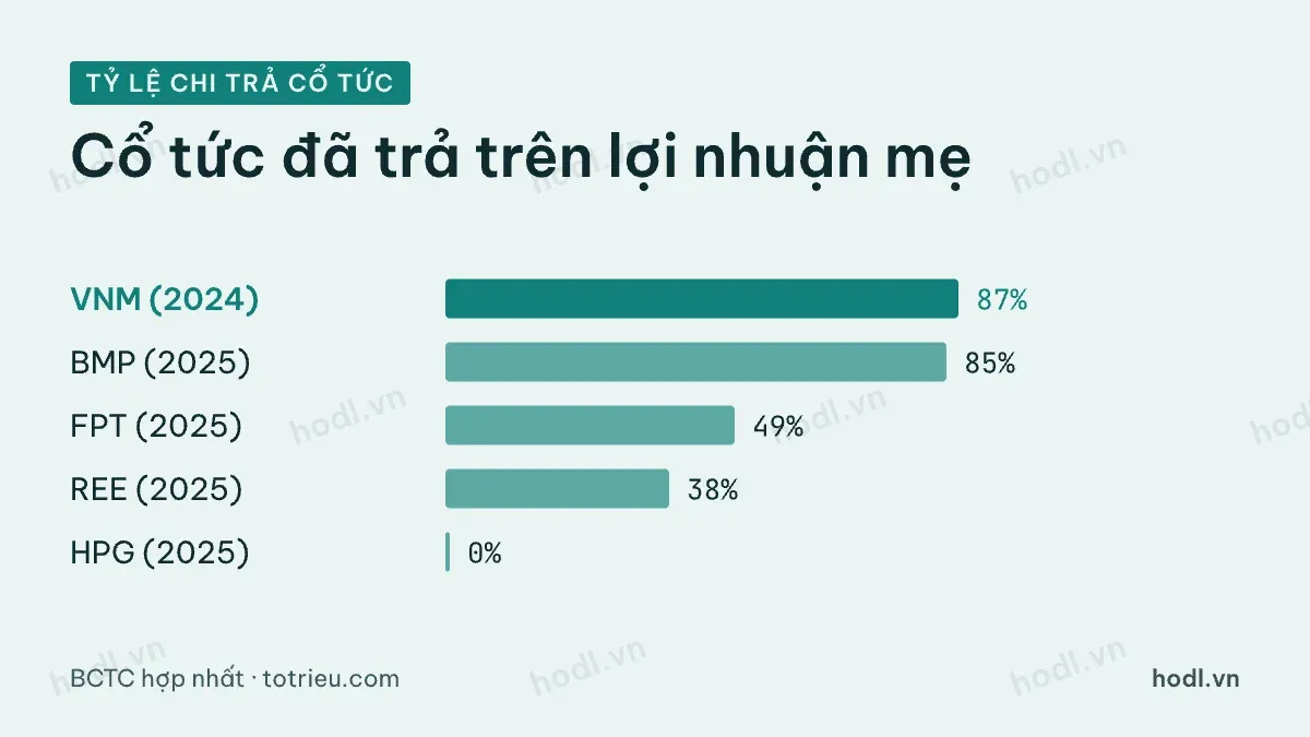 Tỷ lệ chi trả cổ tức của VNM, BMP, FPT, REE, HPG