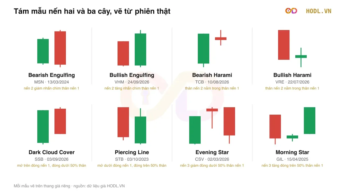 Tám mẫu nến hai và ba cây trên phiên thật