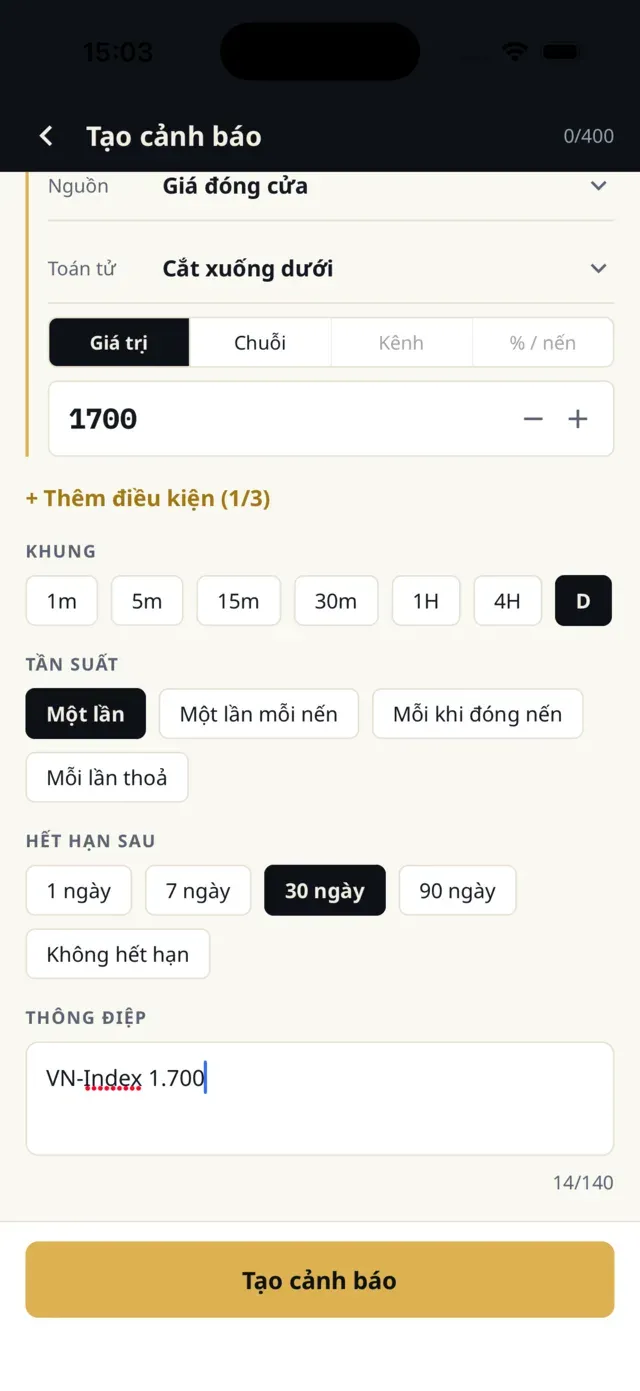 Màn Tạo cảnh báo: nguồn, toán tử, giá trị, khung, tần suất, hạn và thông điệp