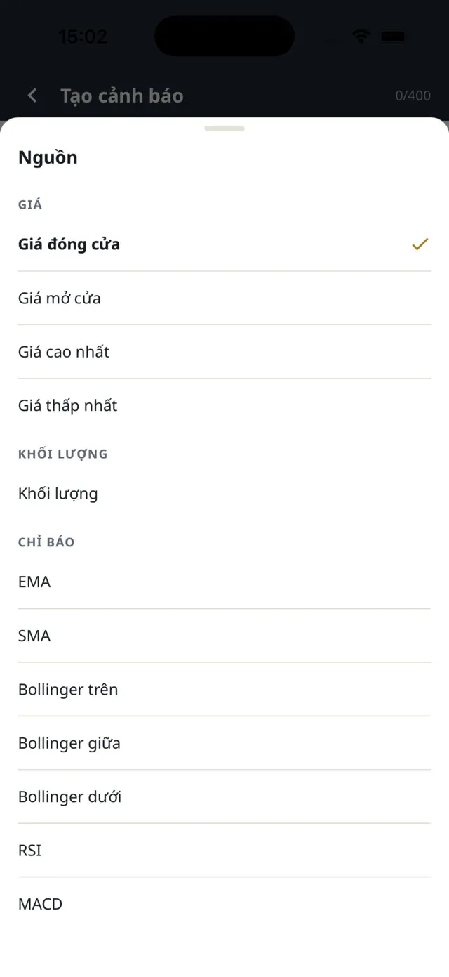 Danh sách nguồn: giá, khối lượng và chỉ báo
