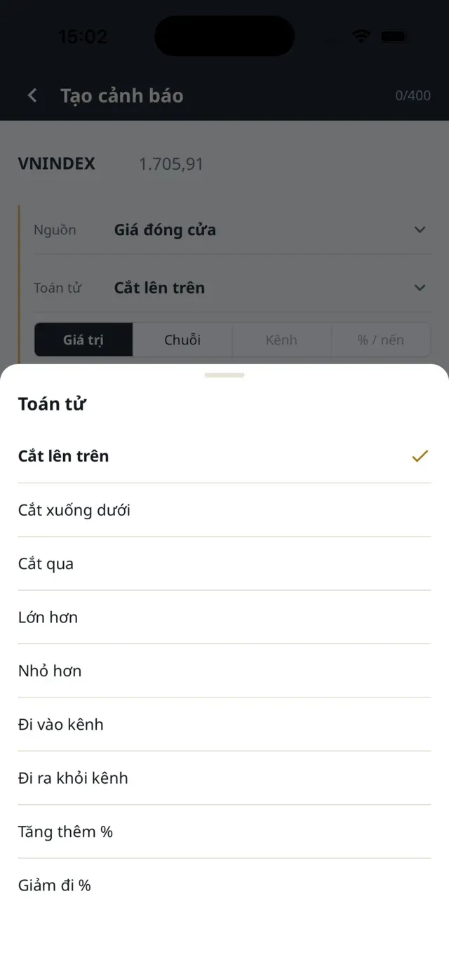 Danh sách toán tử: cắt lên trên, cắt xuống dưới, lớn hơn, nhỏ hơn…