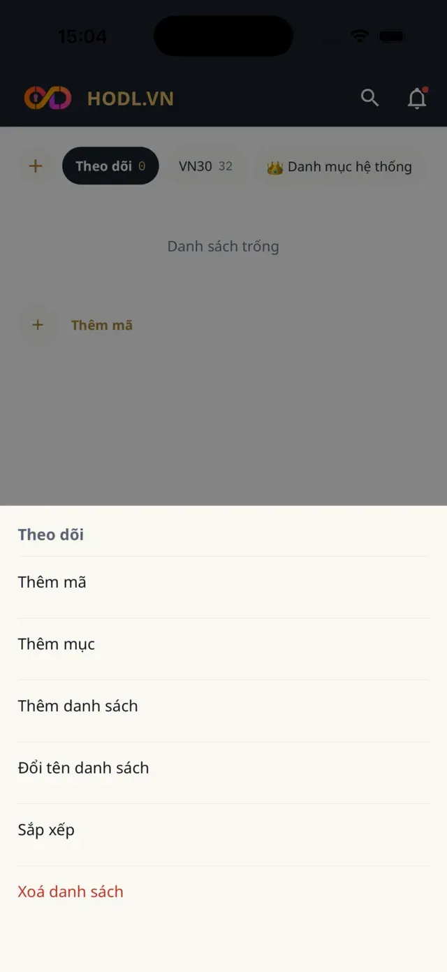 Menu của nút +: Thêm mã, Thêm mục, Thêm danh sách, Đổi tên, Sắp xếp, Xoá danh sách