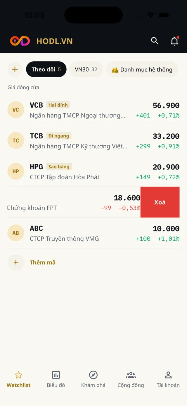 Vuốt trái một mã để hiện nút Xoá