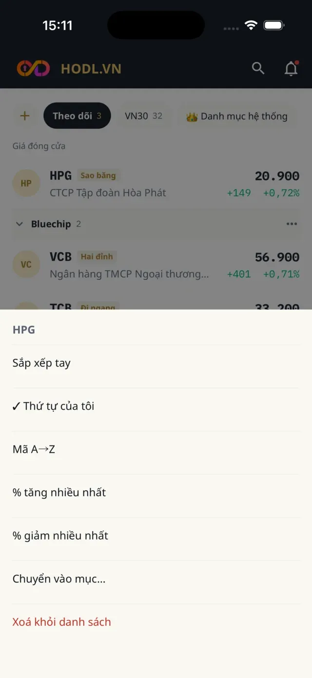 Giữ lâu một mã mở menu sắp xếp, chuyển vào mục, xoá