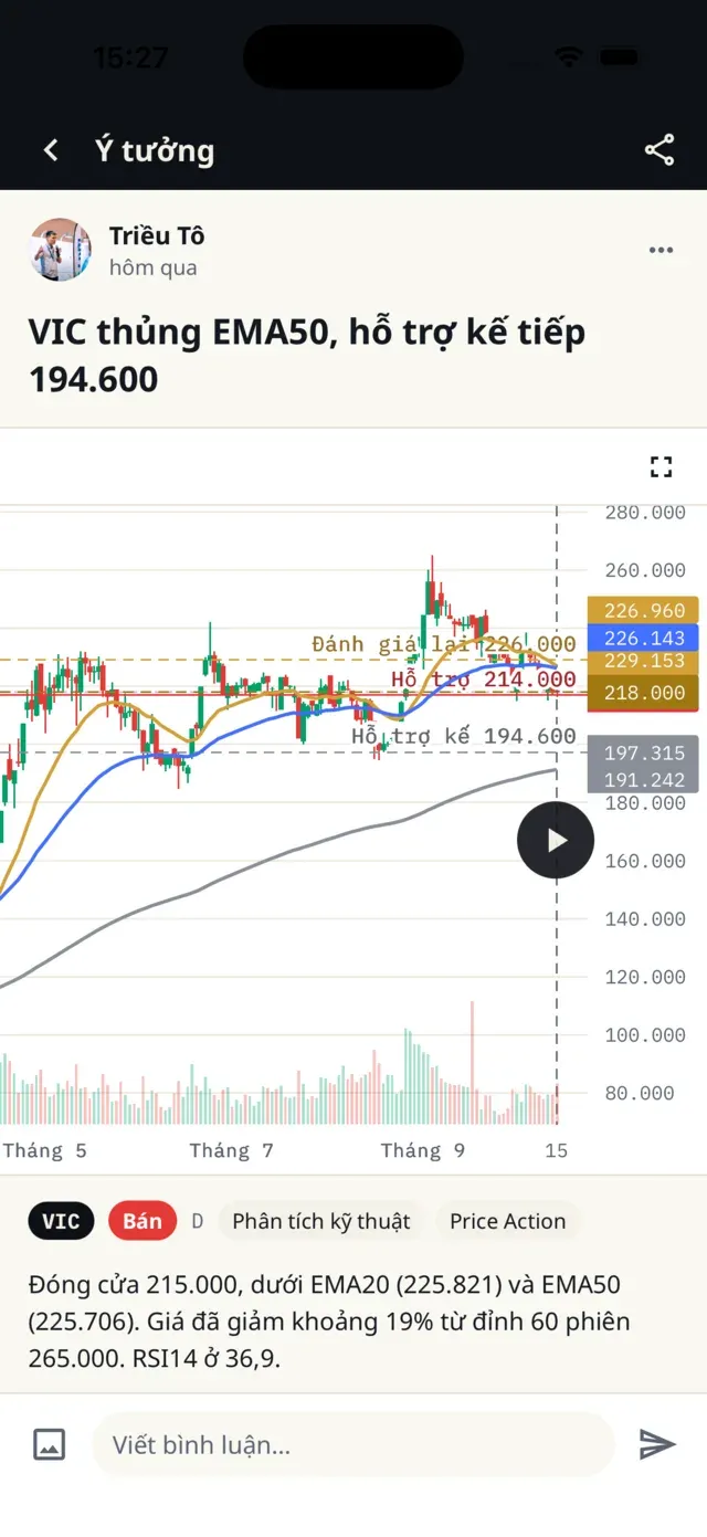 Ý tưởng VIC trên app: biểu đồ dừng ở nến lúc đăng, nút ▶ ở bên phải