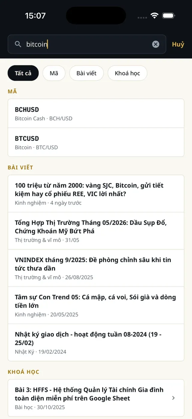 Gõ "bitcoin" ra các mã BCHUSD, BTCUSD cùng bài viết liên quan