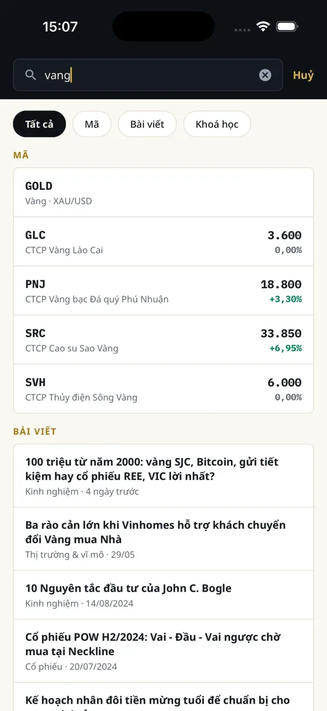 Gõ "vang" ra GOLD (Vàng, XAU/USD) và các mã cổ phiếu có chữ Vàng