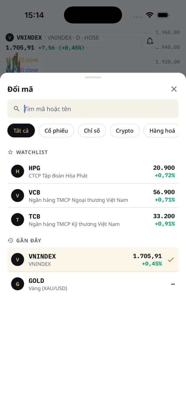 Hộp Đổi mã với các chip Tất cả, Cổ phiếu, Chỉ số, Crypto, Hàng hoá