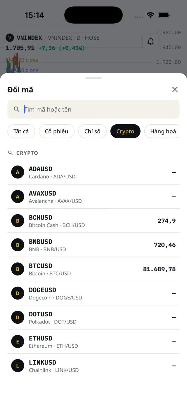 Chip Crypto lọc ra danh sách đồng crypto kèm giá