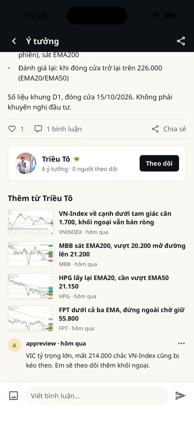 Thẻ tác giả: tên, số ý tưởng, số người theo dõi và nút Theo dõi