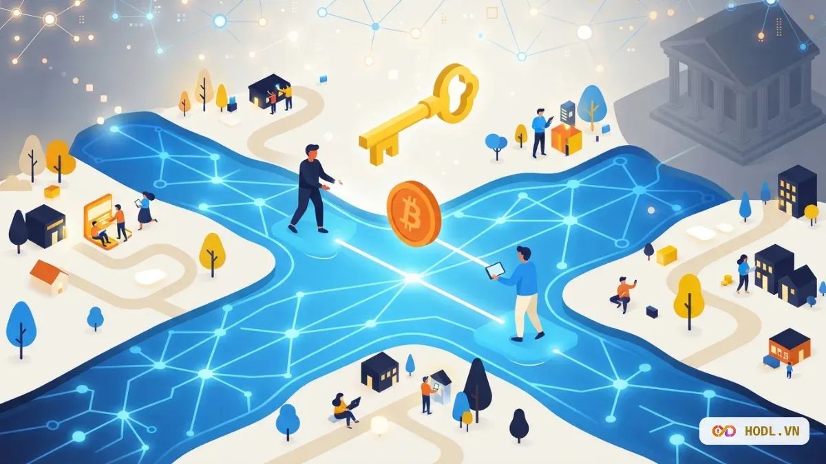 Người ở nhiều nơi gửi coin trực tiếp cho nhau qua mạng, chìa khoá vàng lơ lửng trên đồng Bitcoin, ngân hàng nằm ngoài luồng