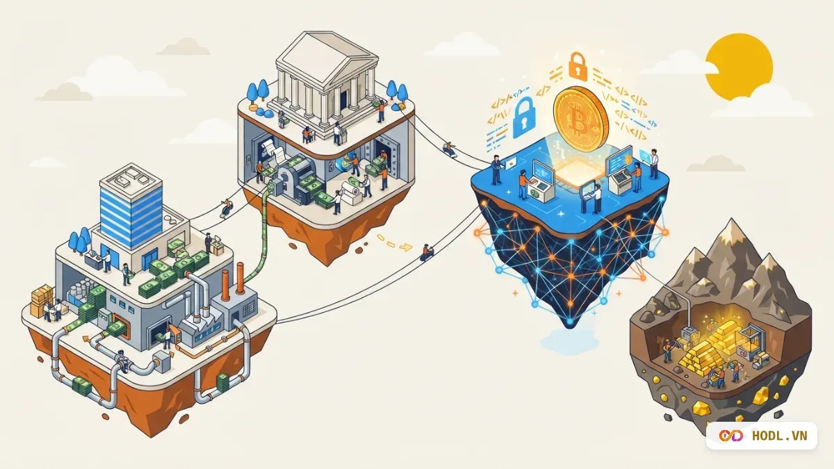 Bốn đảo tài sản: doanh nghiệp, vàng, tiền tệ và crypto, mỗi loại đứng trên một nền giá trị khác nhau
