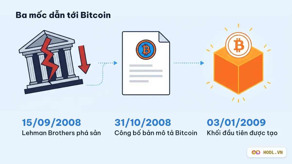 Ba mốc dẫn tới Bitcoin: Lehman Brothers phá sản 15/09/2008, công bố bản mô tả 31/10/2008, khối đầu tiên 03/01/2009