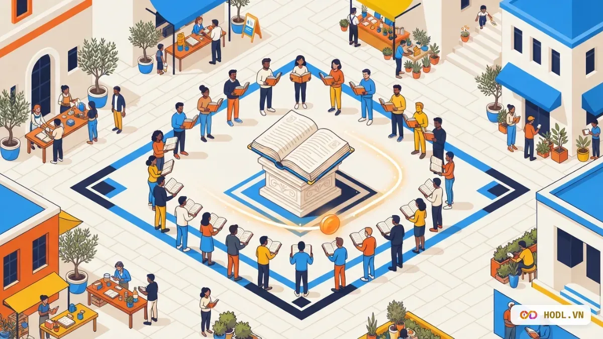 Đám đông cầm cùng một cuốn sổ, một đồng coin đi từ người này sang người khác không qua ngân hàng