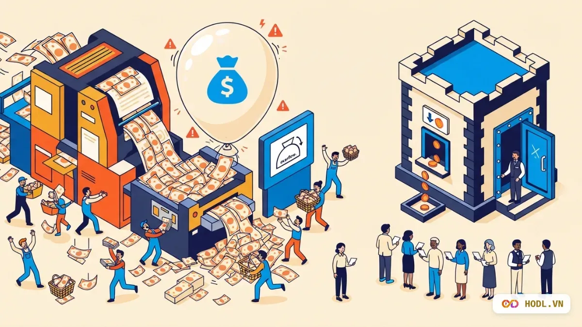 Két phát coin chậm bên cạnh máy in tiền làm phồng bóng bay