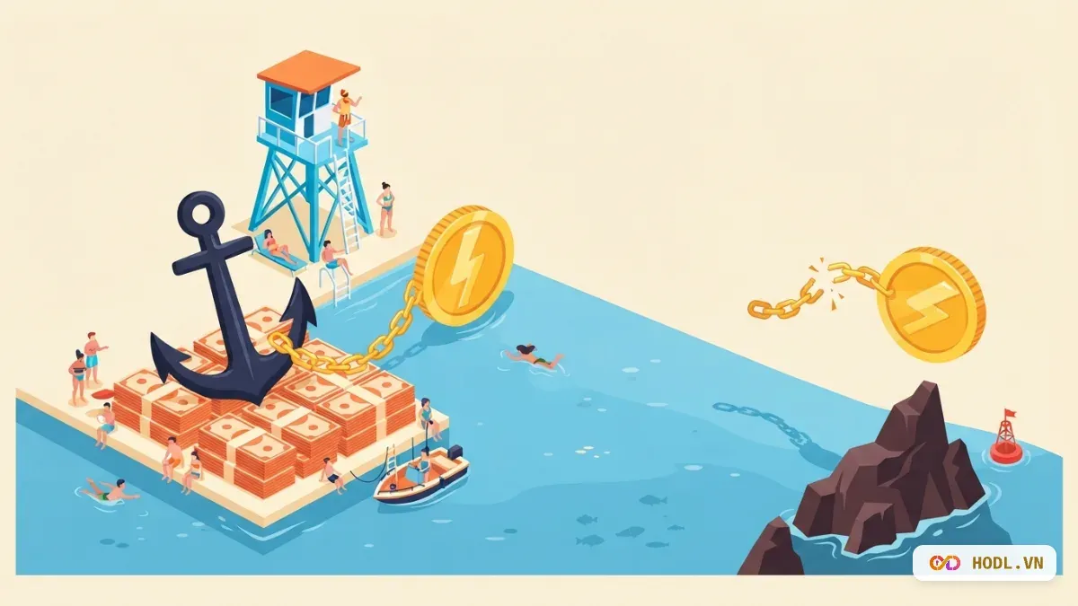 Đồng coin neo chắc vào chiếc neo, bên kia một đồng đứt xích đang trôi