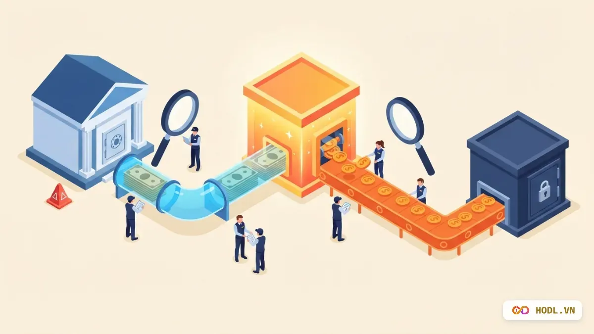 Tiền đồng đi từ ngân hàng qua sàn thành coin về két, minh hoạ stablecoin làm cầu nối giữa tiền pháp định và crypto