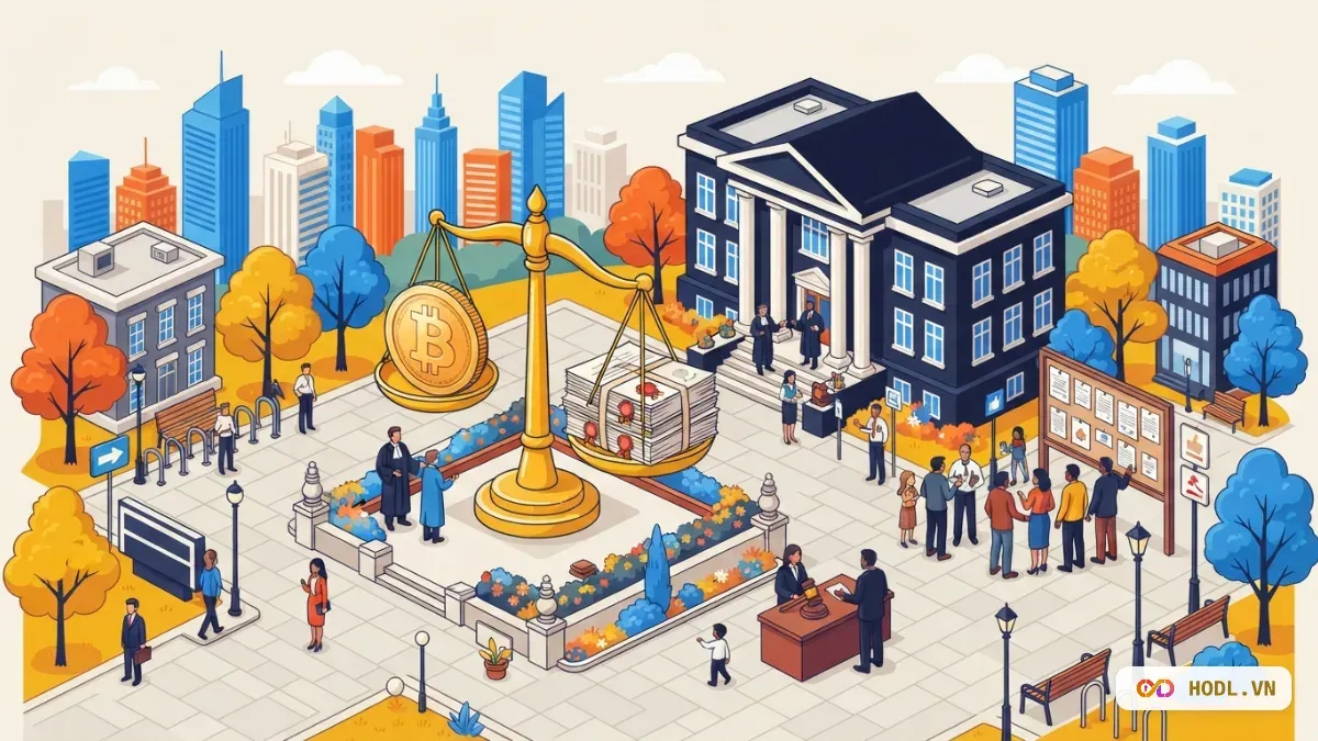 Cán cân công lý cân Bitcoin với chồng hồ sơ có dấu