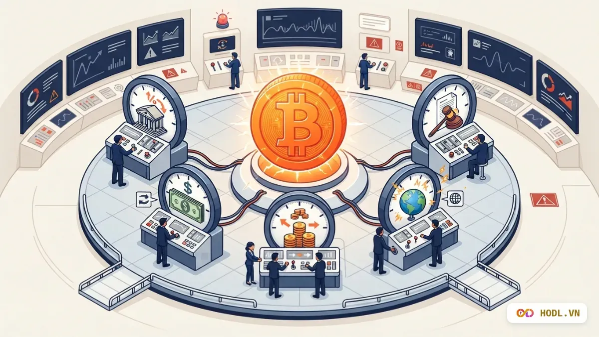 Lõi Bitcoin nối với năm đồng hồ: lãi suất, USD, dòng tiền, địa chính trị, pháp lý