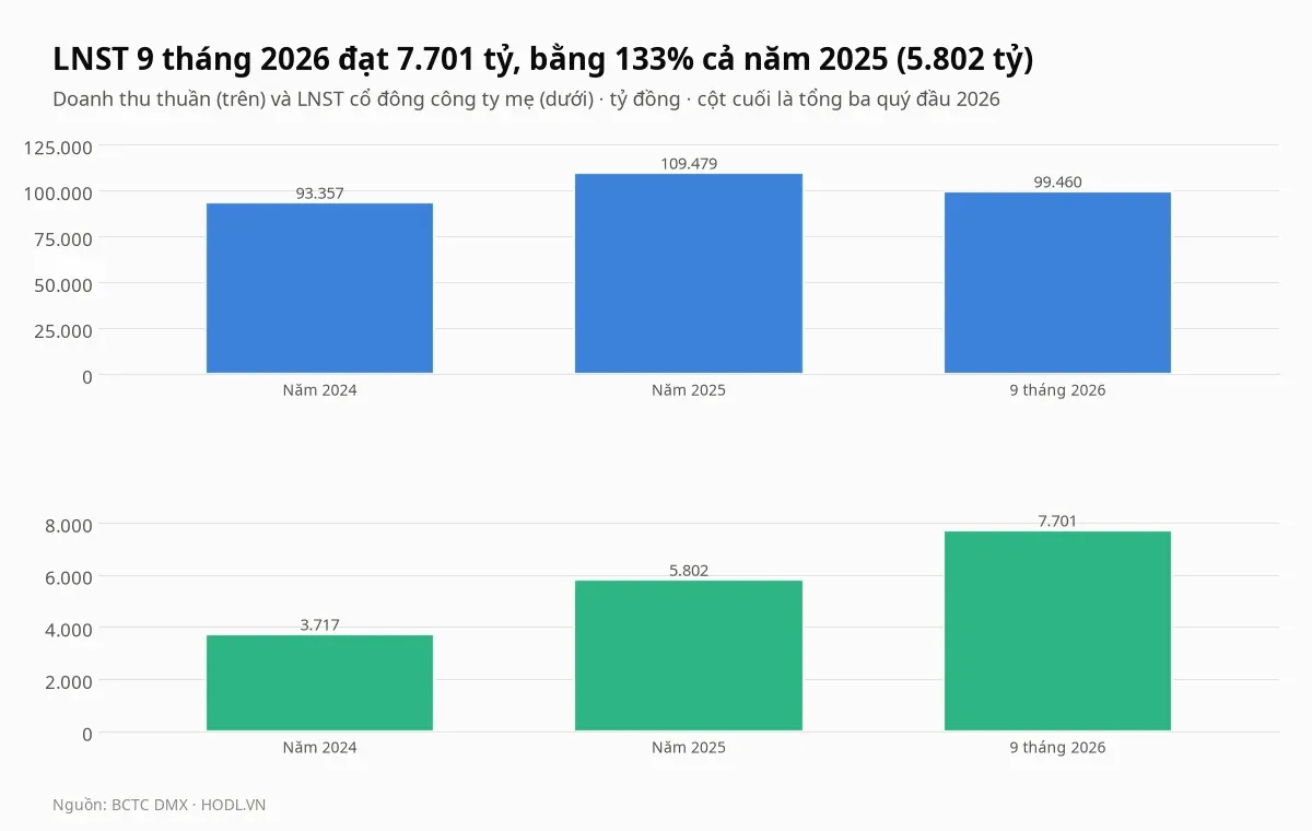 Doanh thu thuần và lợi nhuận sau thuế của cổ phiếu DMX theo năm 2024, 2025 và chín tháng 2026