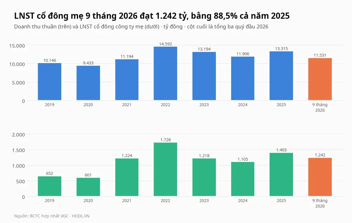 Doanh thu thuần và lợi nhuận sau thuế cổ đông công ty mẹ của cổ phiếu VGC theo năm từ 2019 đến chín tháng 2026