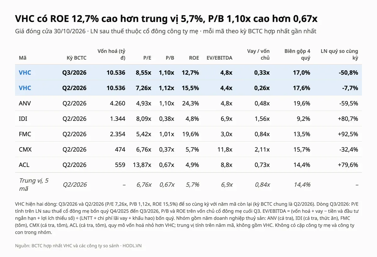 Bảng so sánh cổ phiếu VHC với năm mã thuỷ sản về P/E, P/B, ROE, EV/EBITDA và đòn bẩy