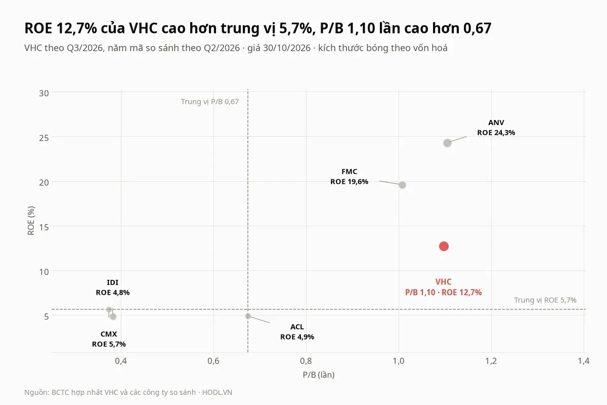 Biểu đồ P/B theo ROE của cổ phiếu VHC và năm mã so sánh