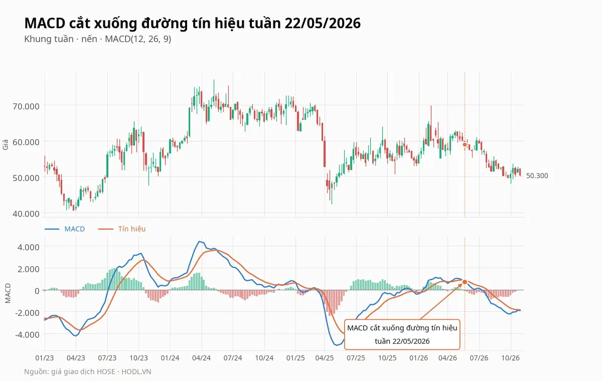 MACD tuần của VHC cắt xuống đường tín hiệu tuần 22/05/2026