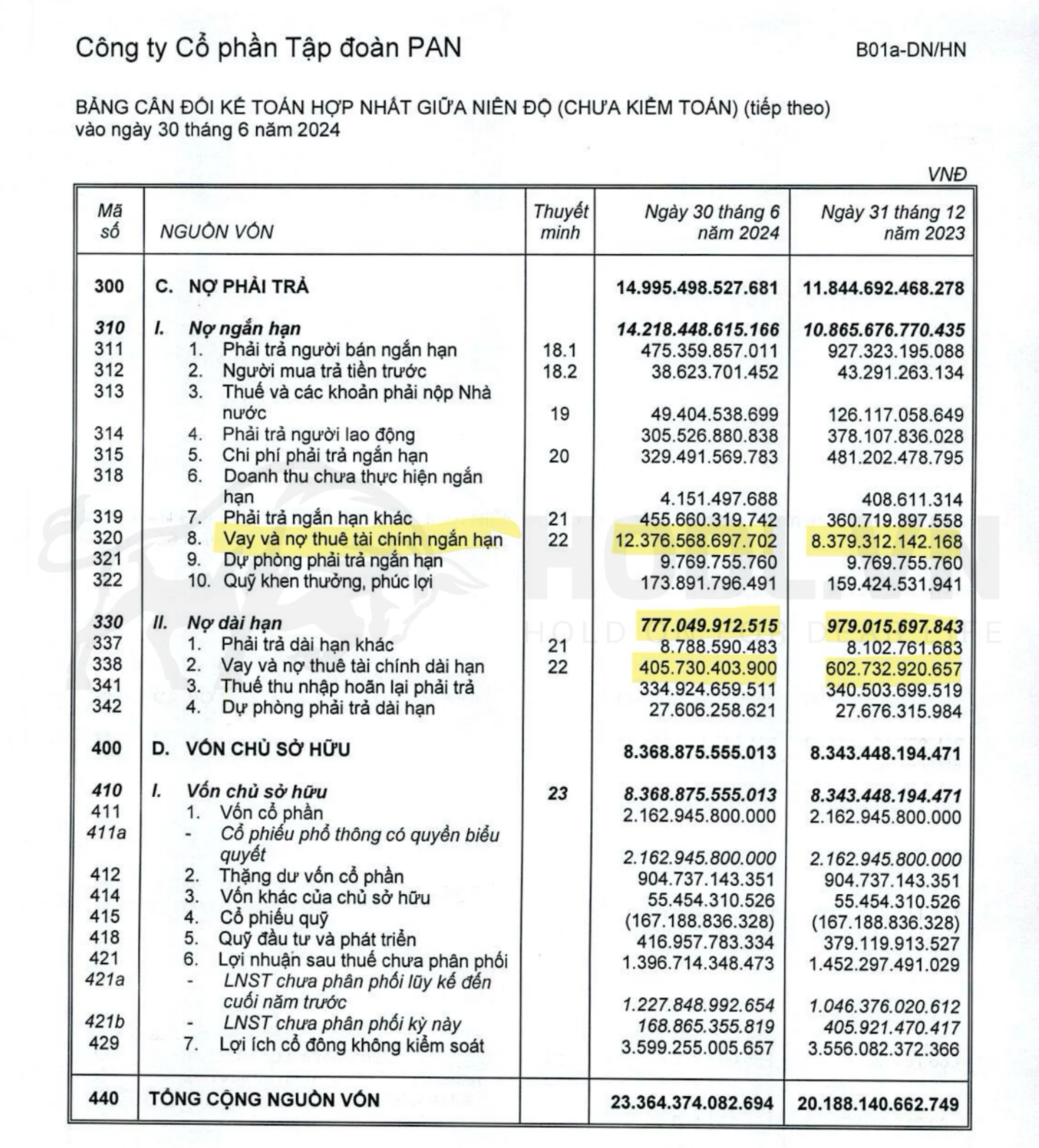 Bảng cân đối kế toán CTCP Tập đoàn PAN H1-2024 - Nguồn vốn