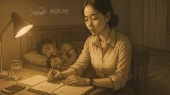 Chị Dậu ngồi ghi chép lại tình hình tài chính gia đình