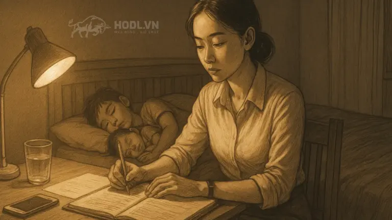 Chị Dậu ngồi ghi chép lại tình hình tài chính gia đình