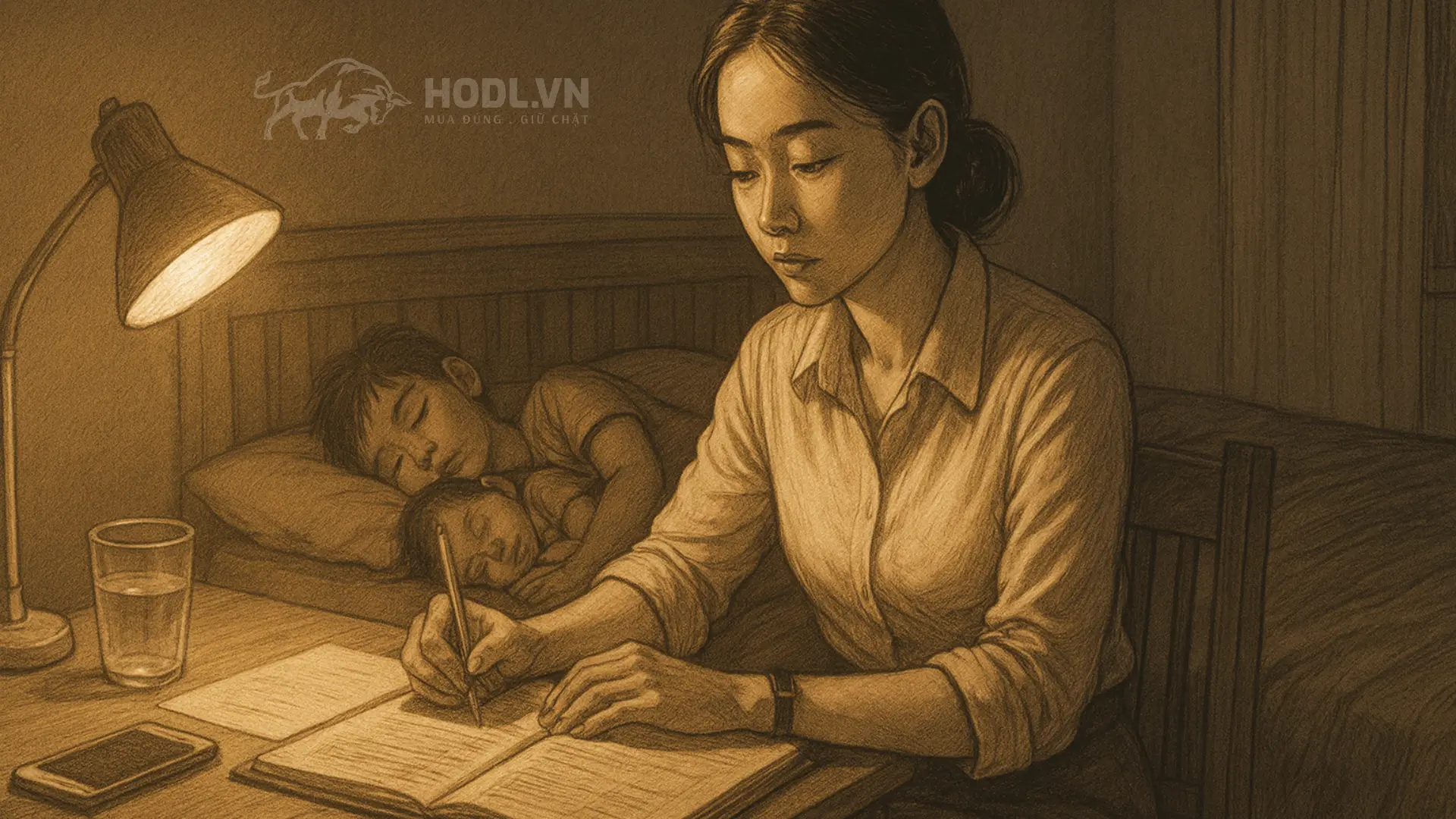 Chị Dậu ngồi ghi chép lại tình hình tài chính gia đình