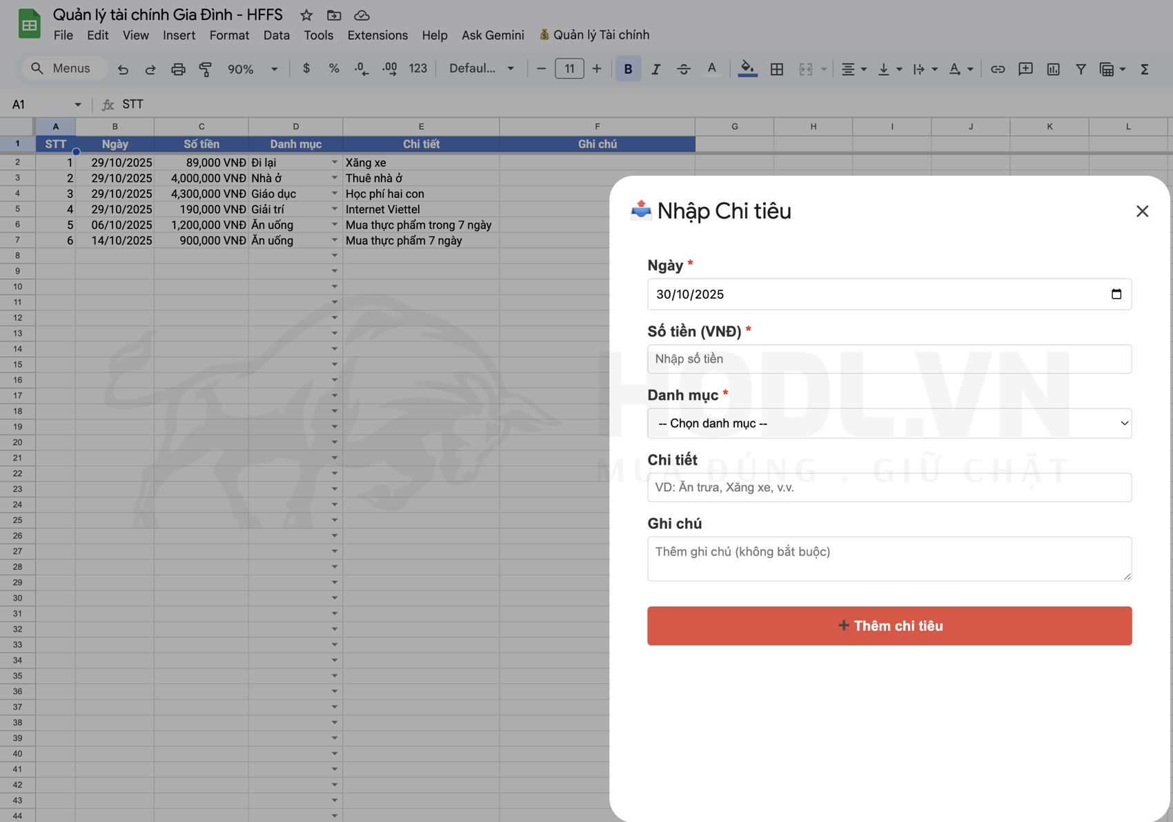 Quản lý Chi tiêu trên Google Sheet với HFFS