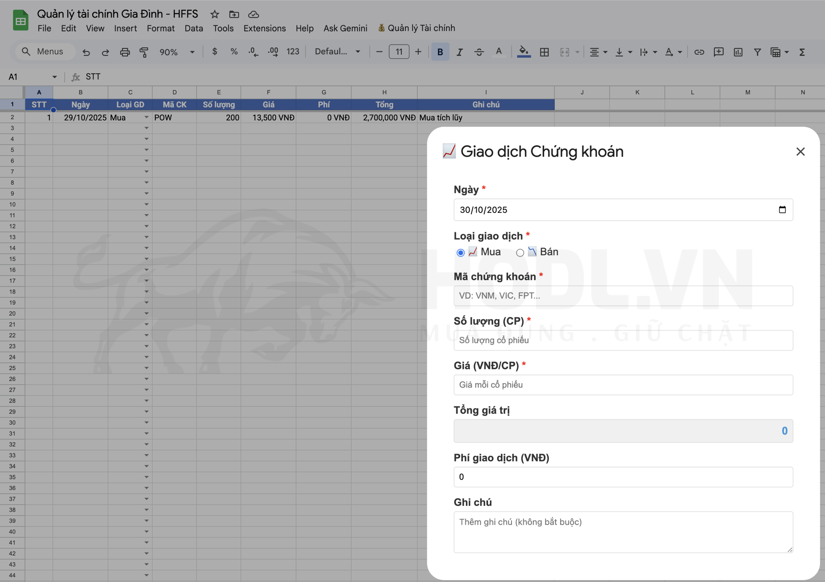 Quản lý Đầu tư Chứng khoán trên Google Sheet với HFFS