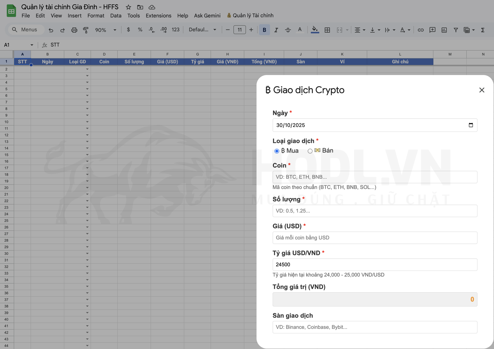Quản lý Đầu tư Crypto trên Google Sheet với HFFS