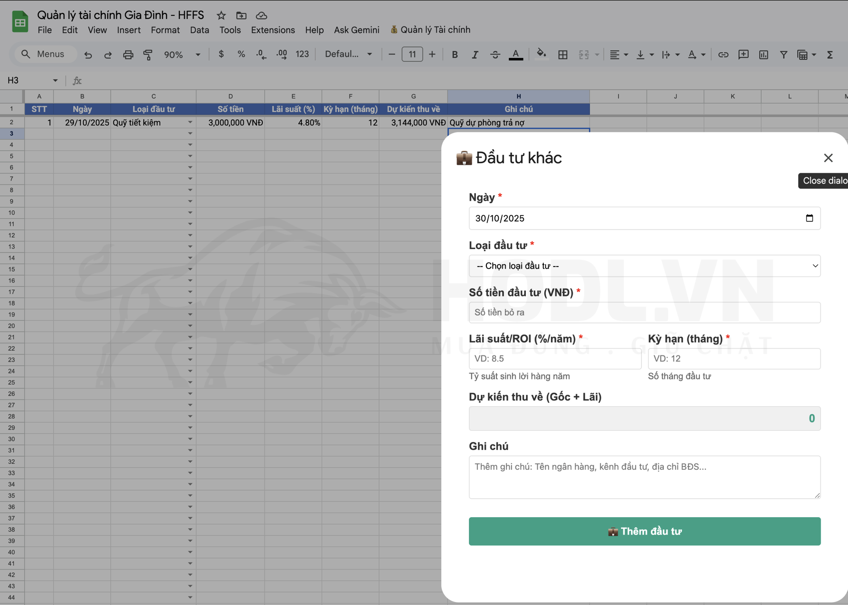 Quản lý Đầu tư Khác trên Google Sheet với HFFS