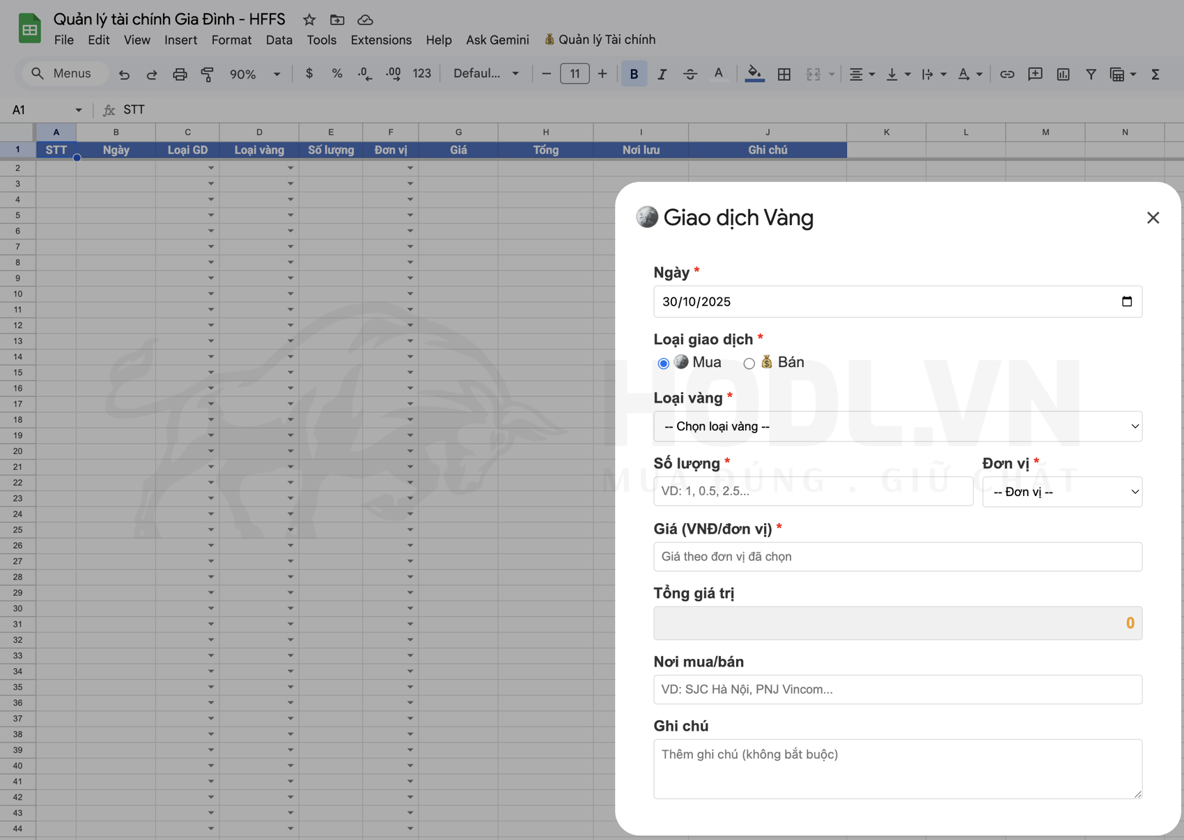 Quản lý Đầu tư Vàng trên Google Sheet với HFFS