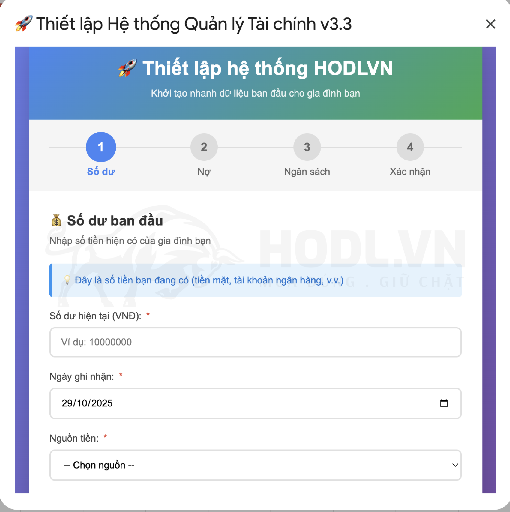 Chế độ Khởi tạo thông số ban đầu bao gồm Thu nhập, Ngân Sách, Nợ....