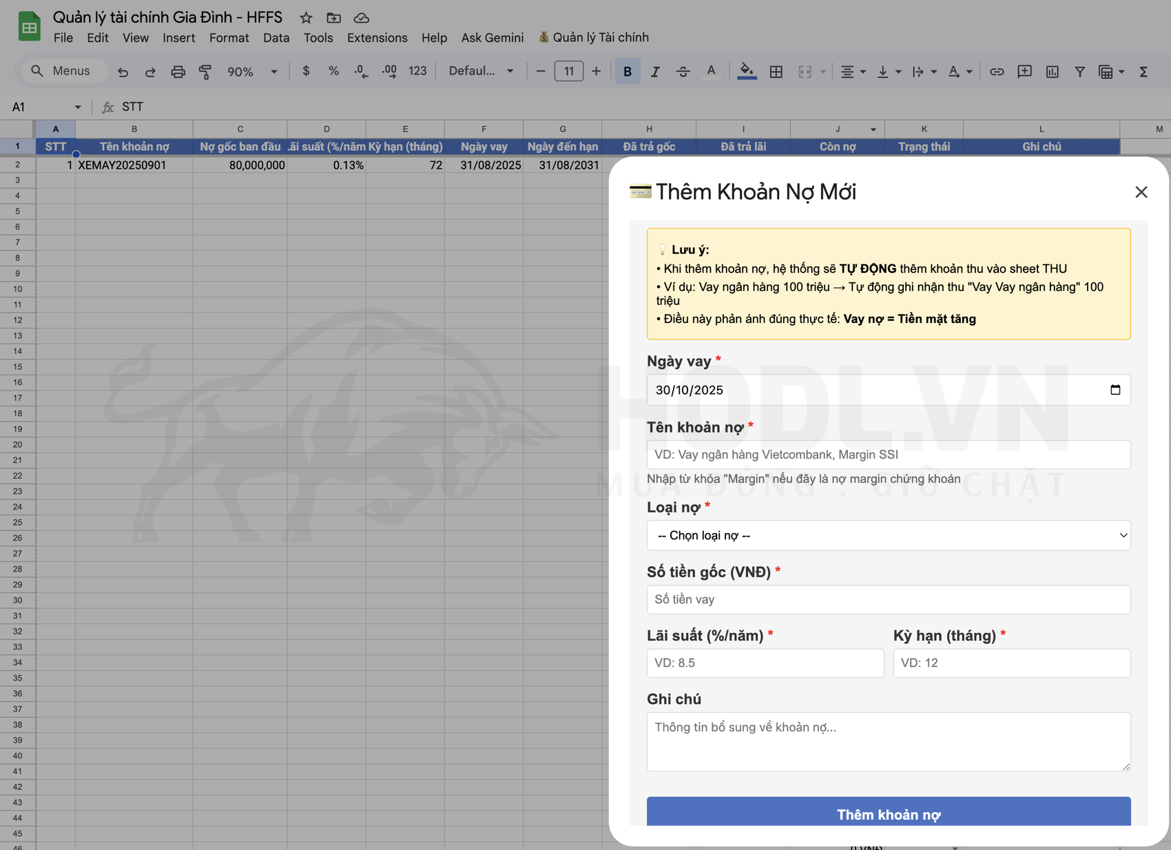 Quản lý Nợ trên Google Sheet với HFFS