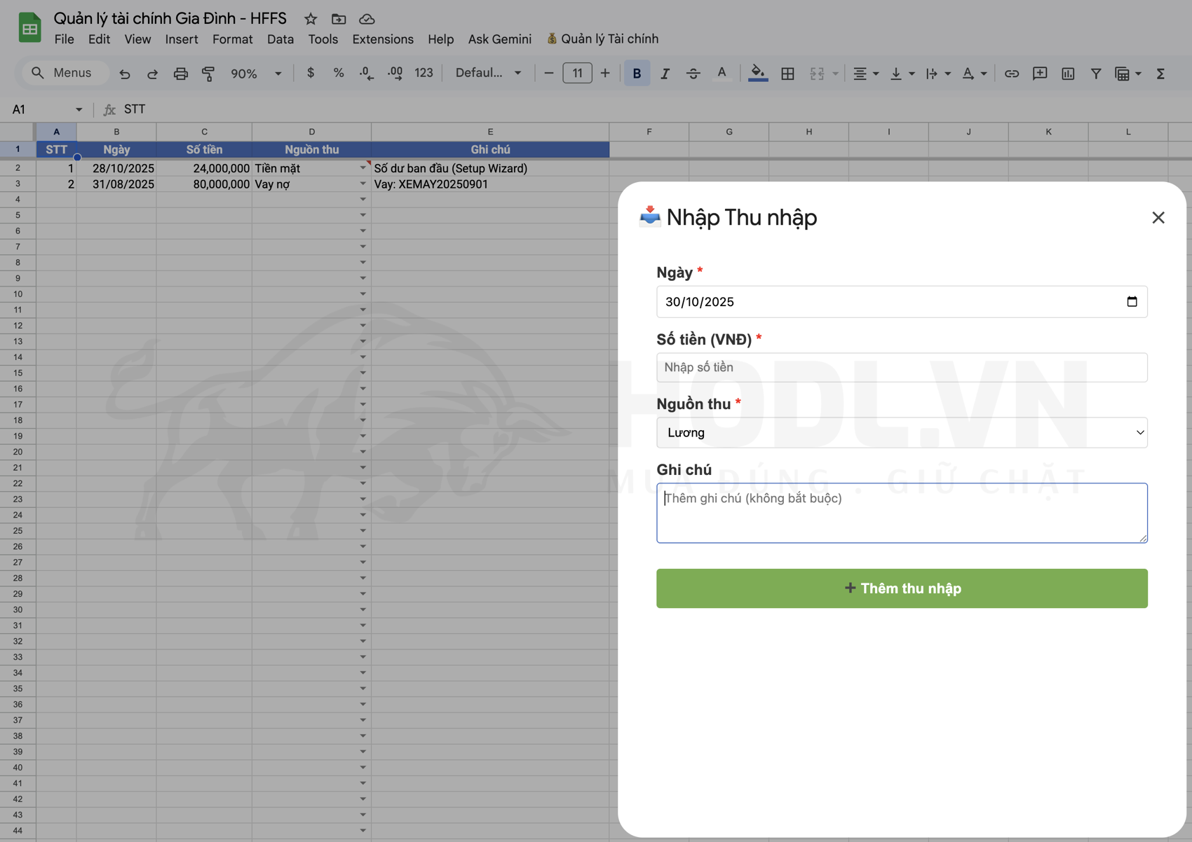 Quản lý thu nhập trên Google Sheet với HFFS