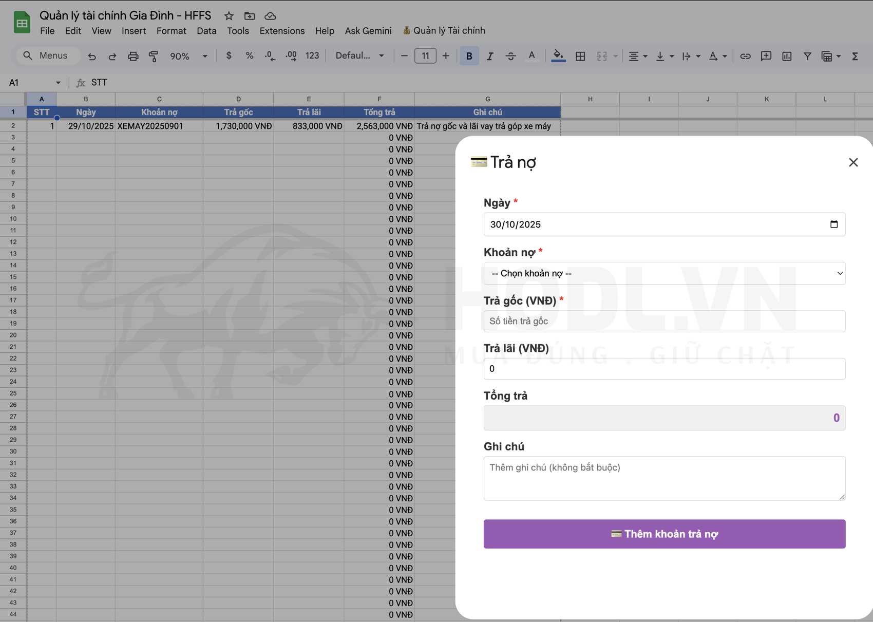 Quản lý Trả Nợ trên Google Sheet với HFFS